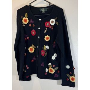 Vintage Orvis Women's 100% Wool Knitted Floral Embroidered Cardigan XL